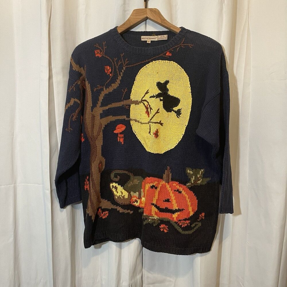VTG Lauren Hansen Sweater Women 1X Blue Long Sleeve Halloween Pullover Knit Fall